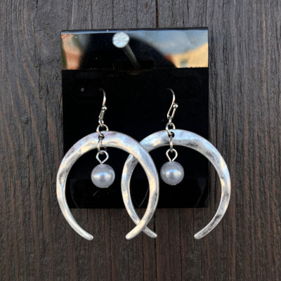 Hammered Crescent Pearl Drop Earring