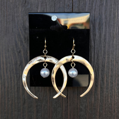 Hammered Crescent Pearl Drop Earring