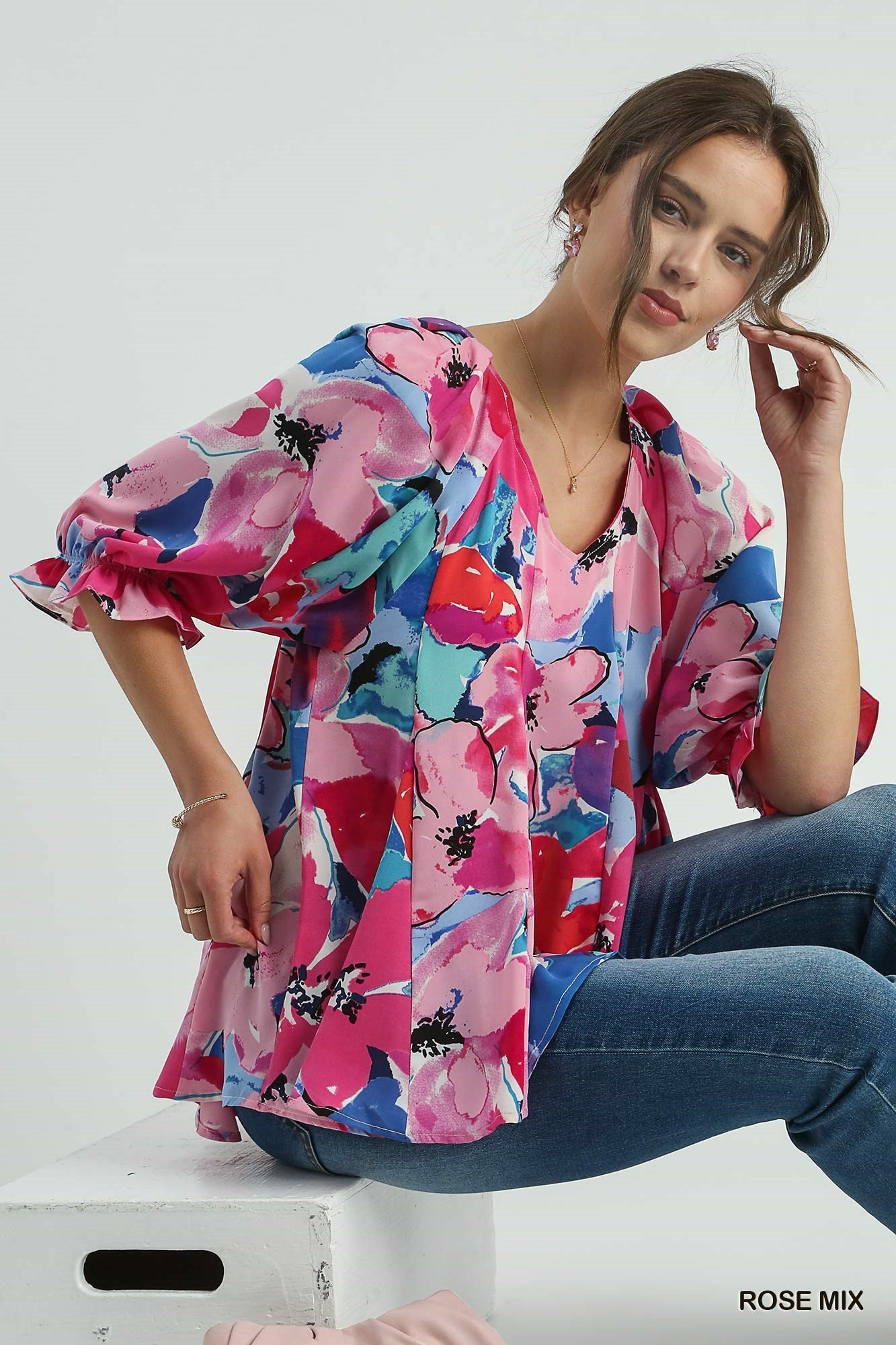 Ruffle Cuff Floral Blouse