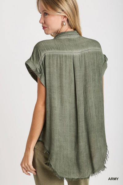 Mineral Wash Frayed Button Down Top