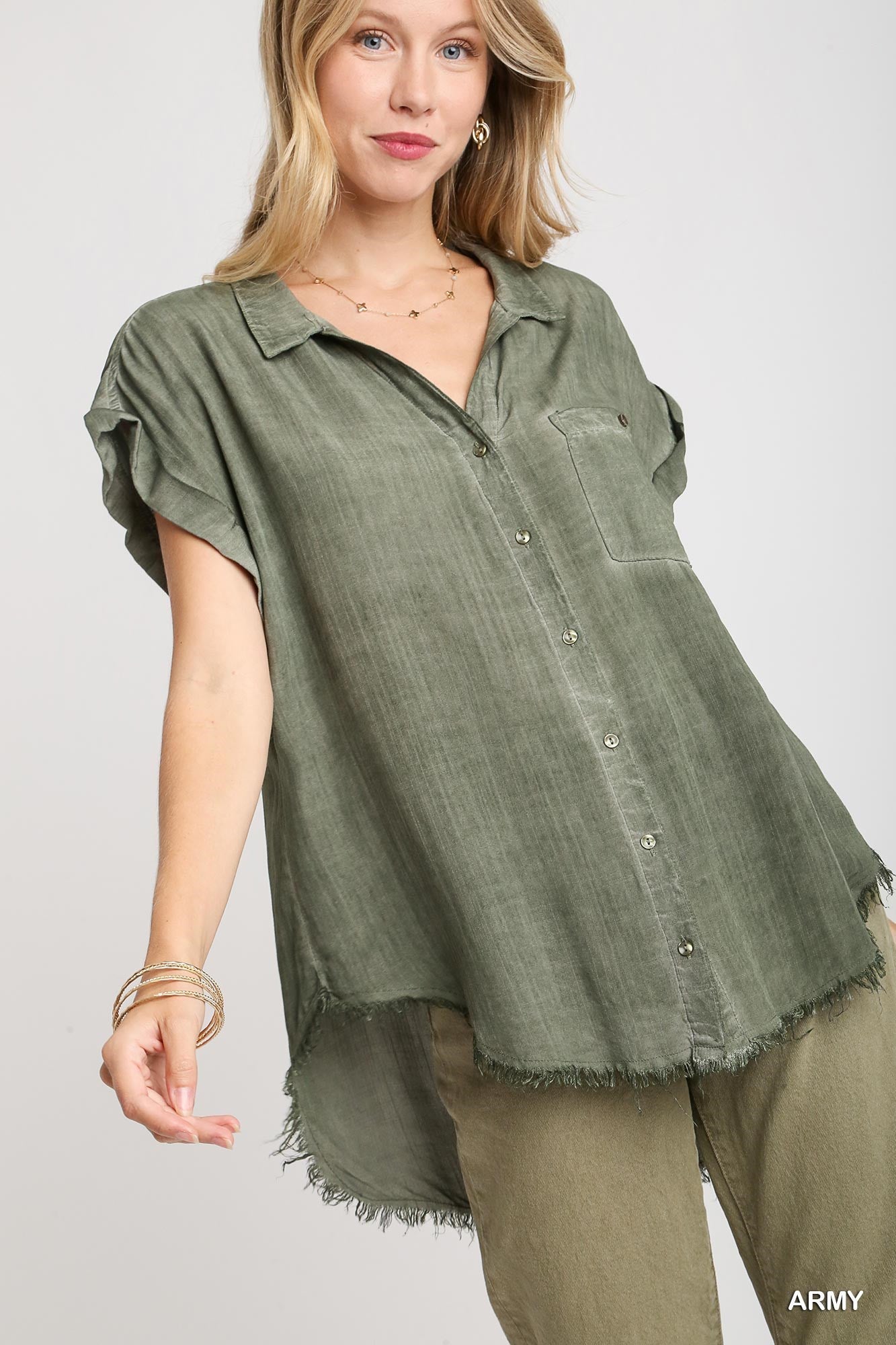 Mineral Wash Frayed Button Down Top