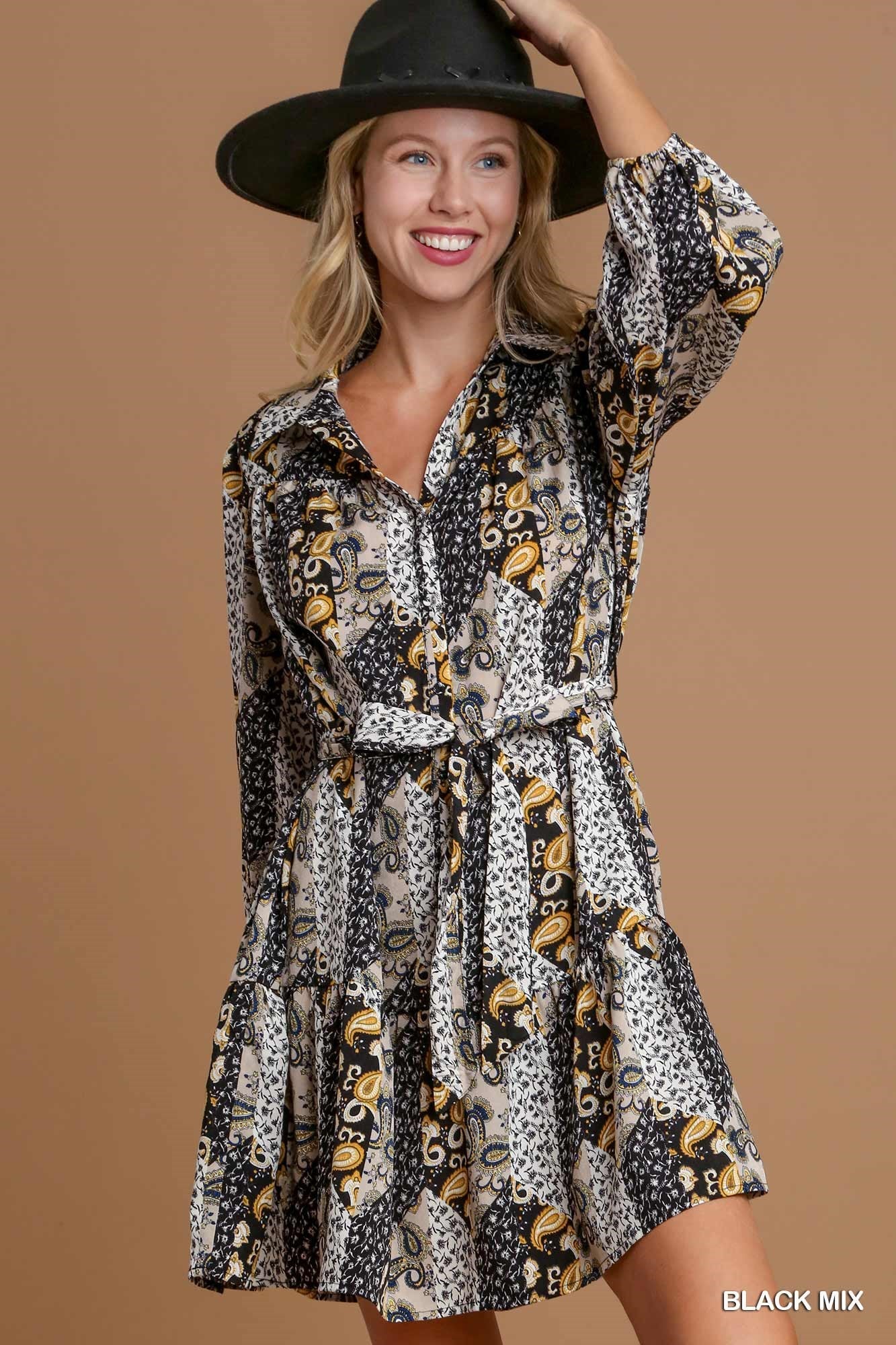 Mixed Print Button Down Dress