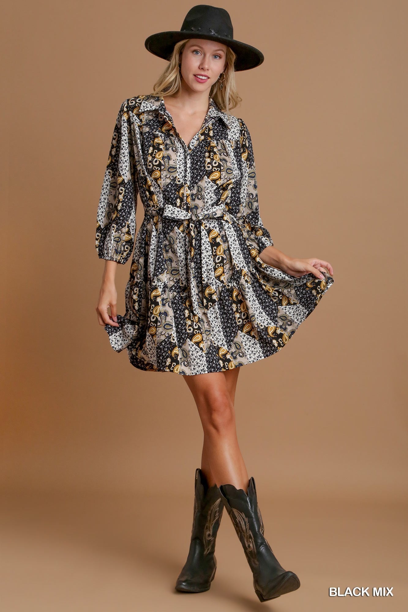 Mixed Print Button Down Dress