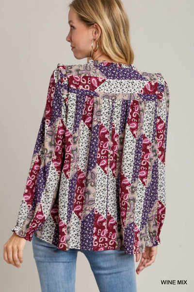 Mixed Print Ruffle Blouse