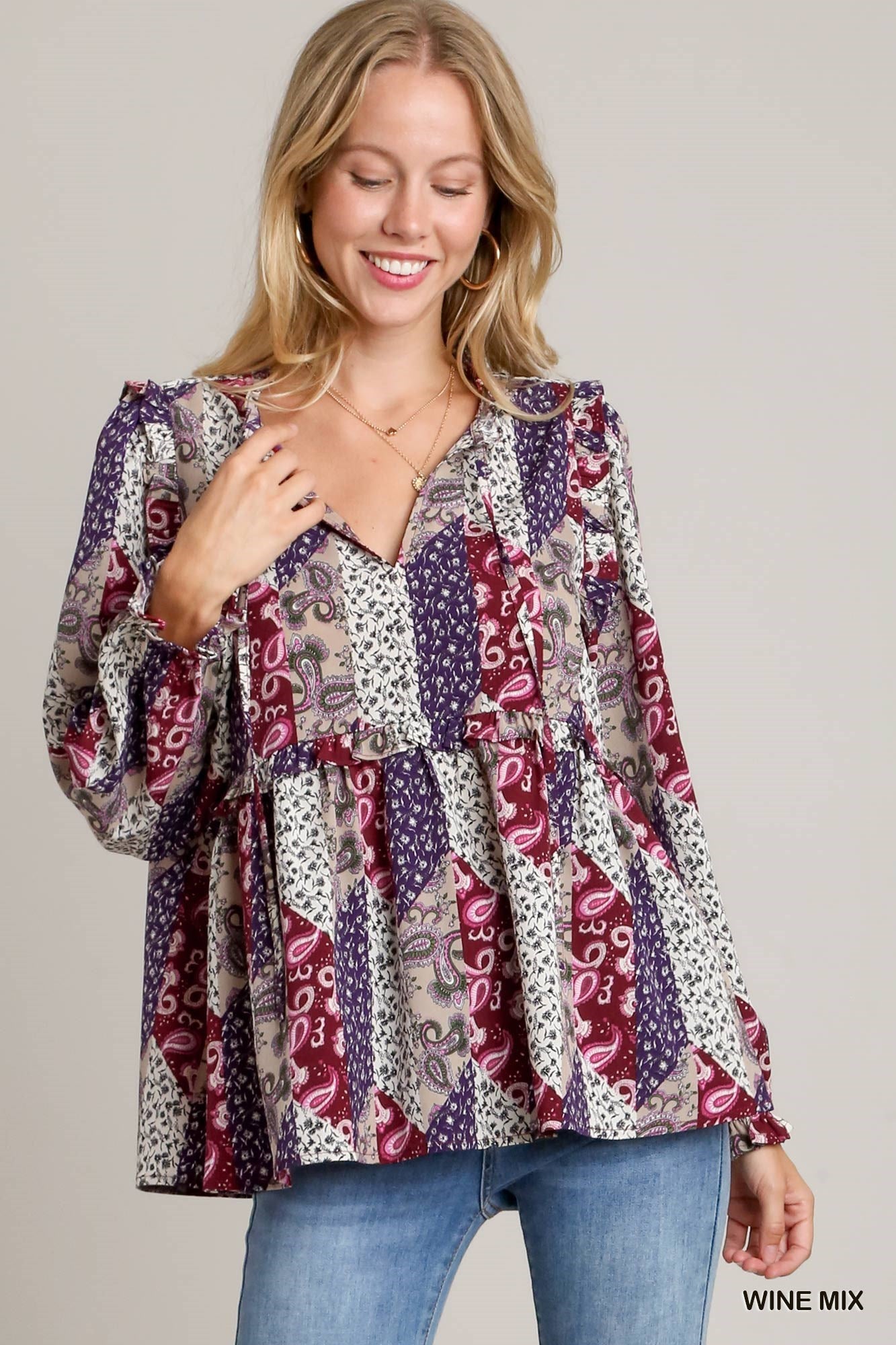 Mixed Print Ruffle Blouse