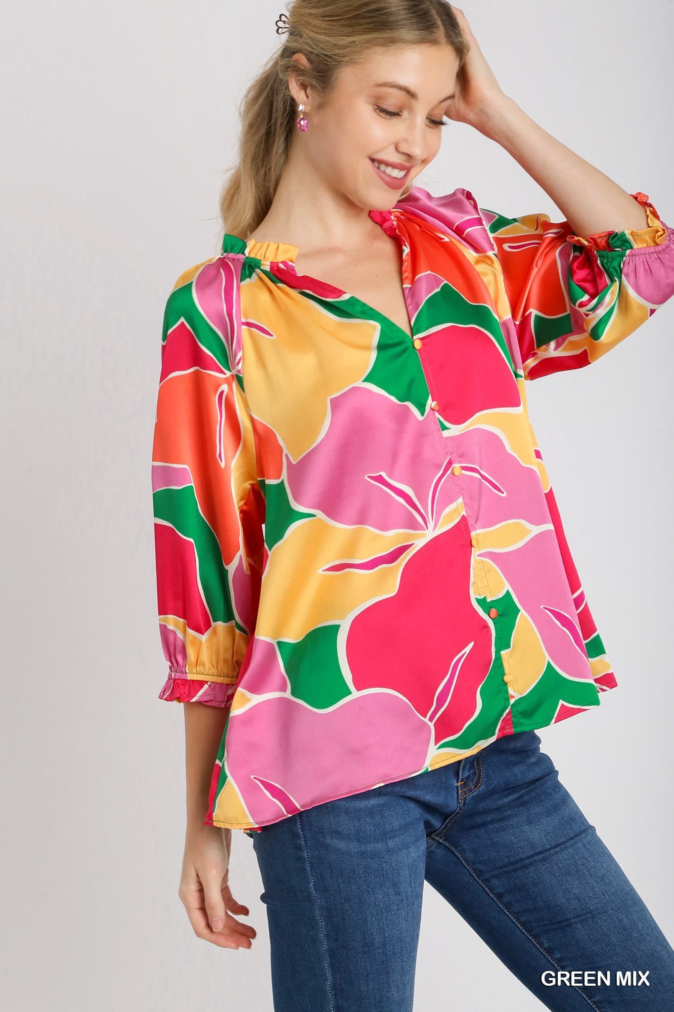 Satin Ruffle Printed Blouse