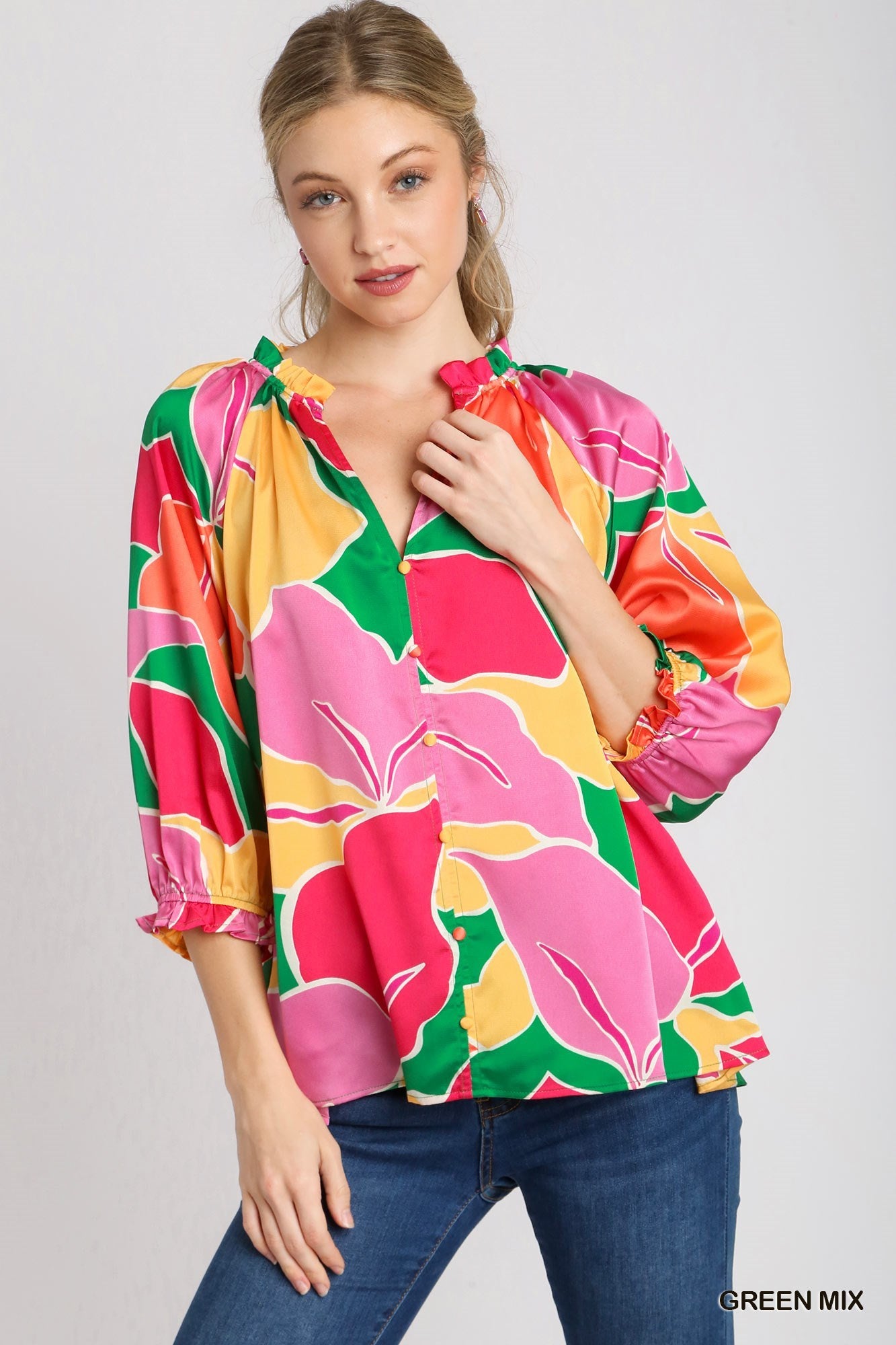 Satin Ruffle Printed Blouse