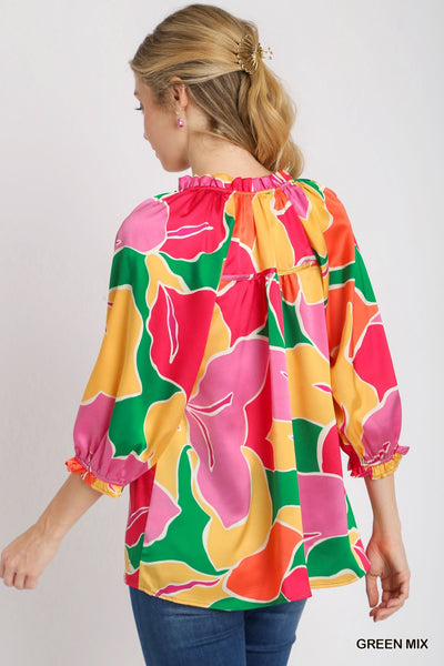 Satin Ruffle Printed Blouse