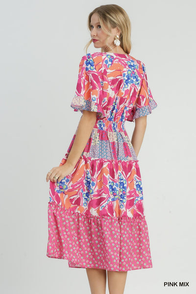 Mixed Print Ruffle Tiered Midi Dress