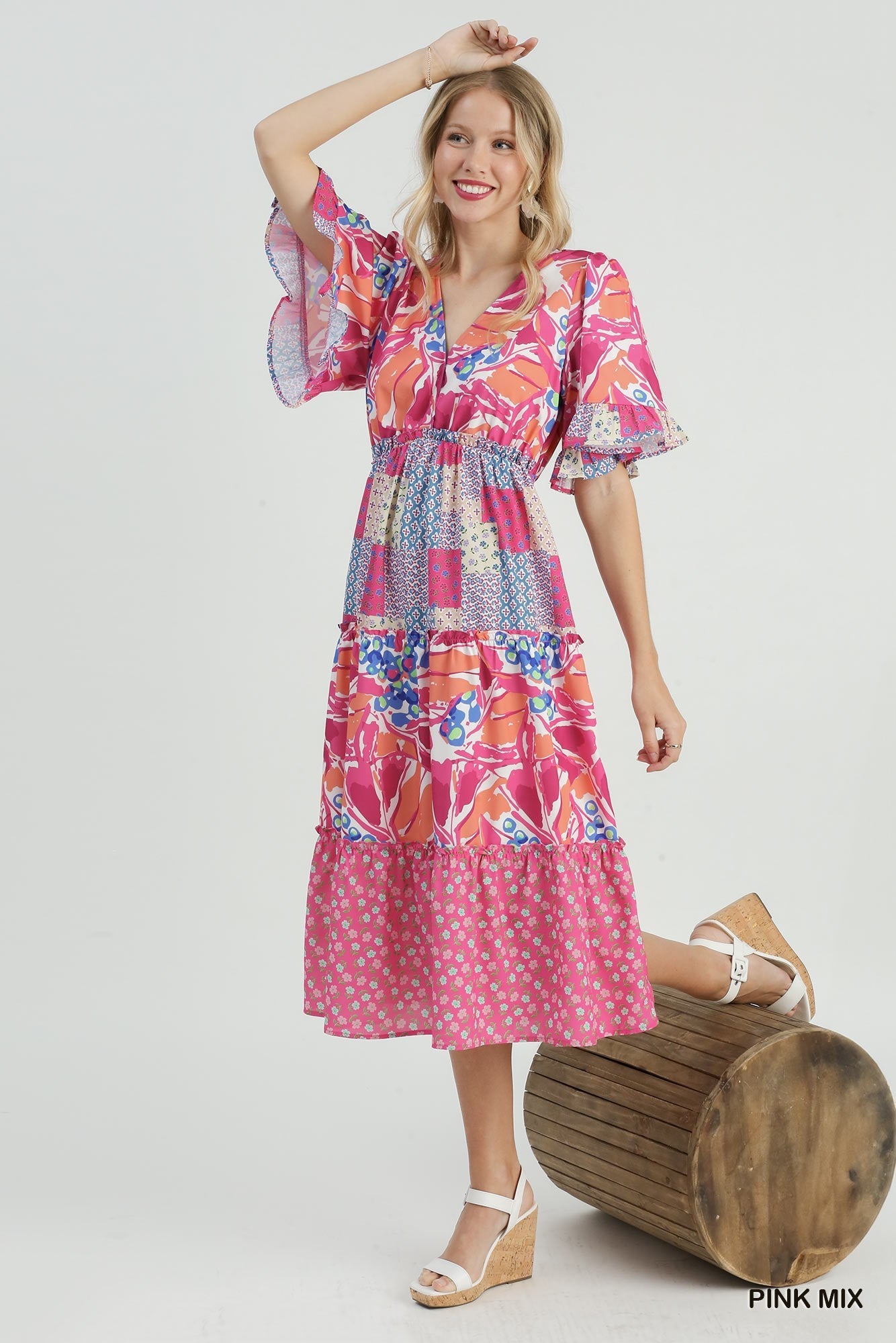 Mixed Print Ruffle Tiered Midi Dress