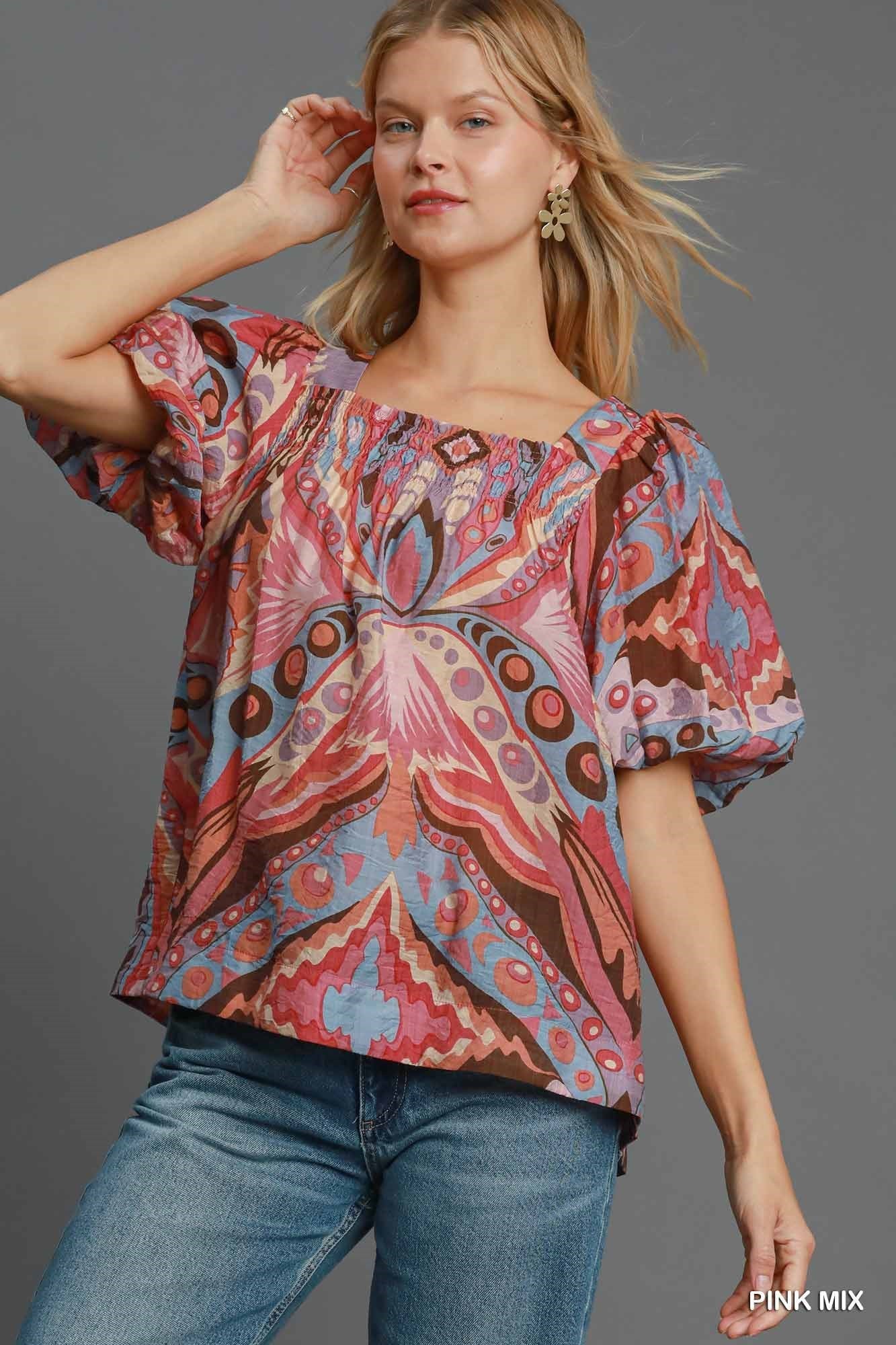 Abstract Print Square Neck Blouse