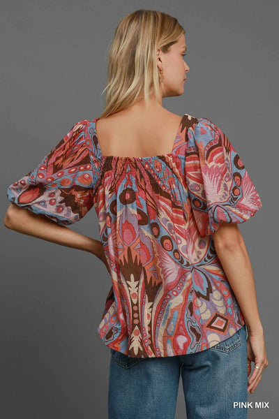 Abstract Print Square Neck Blouse