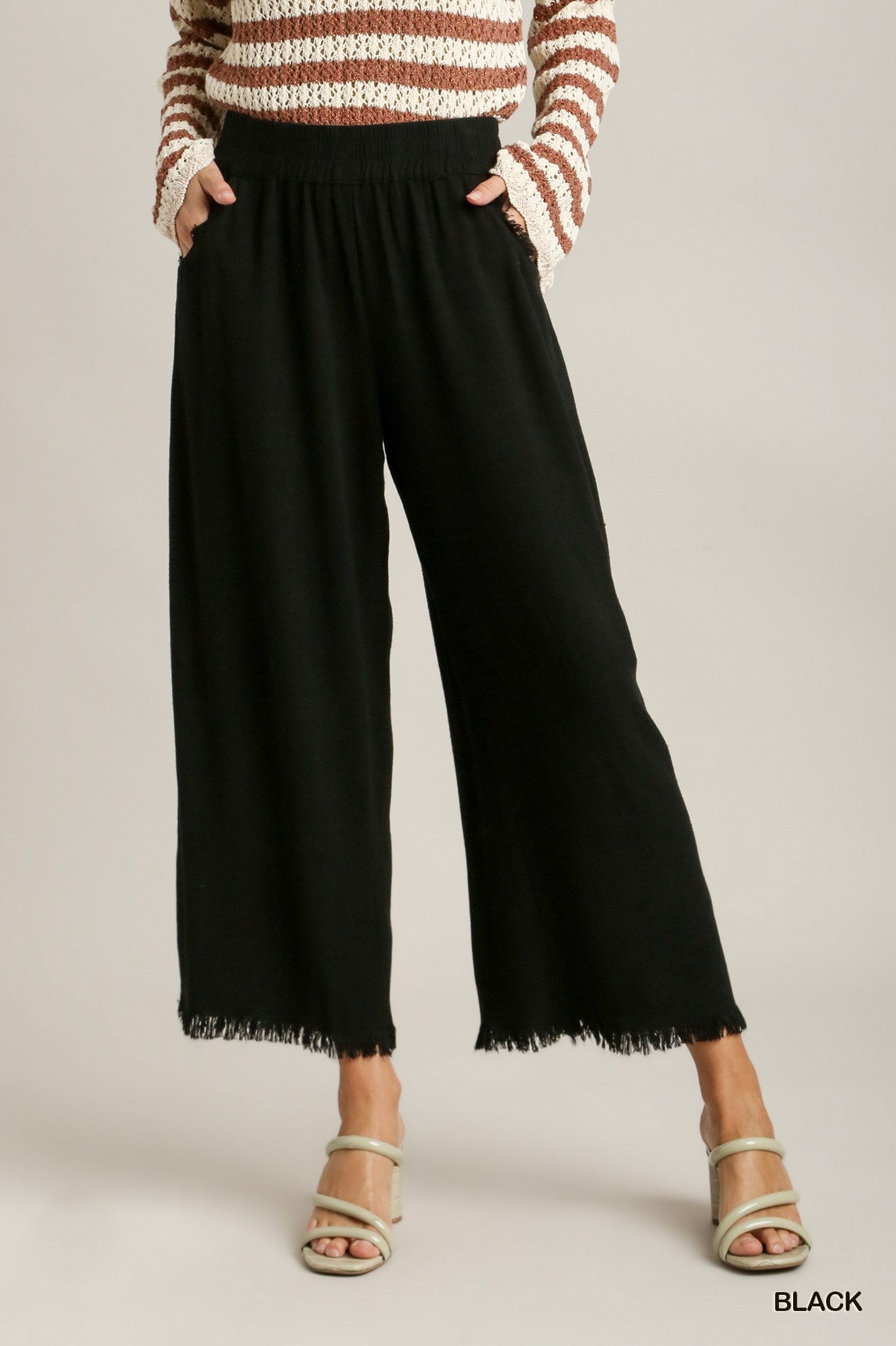 Linen Blend Frayed Hem Pant