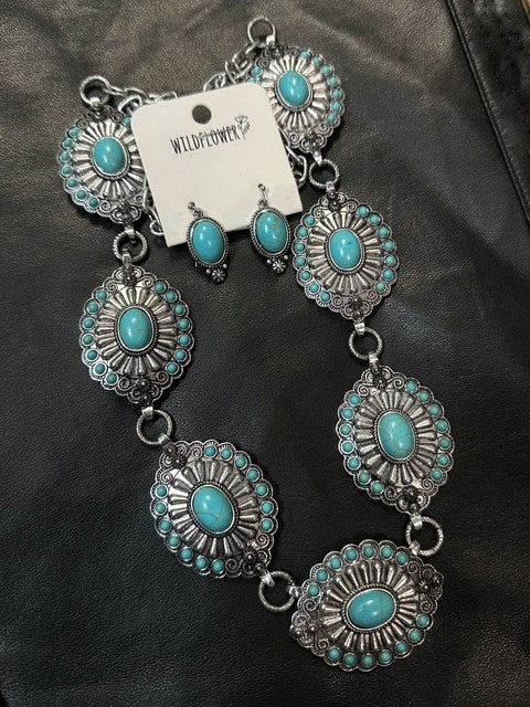 Turquoise Concho Necklace & Earrings Set