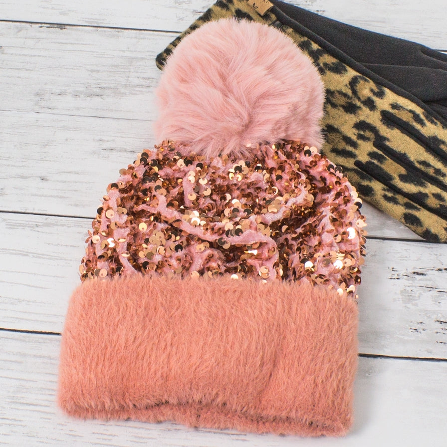 Sequin Pom Pom Beanie