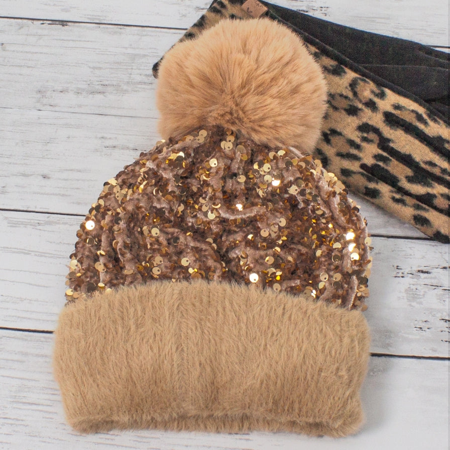 Sequin Pom Pom Beanie