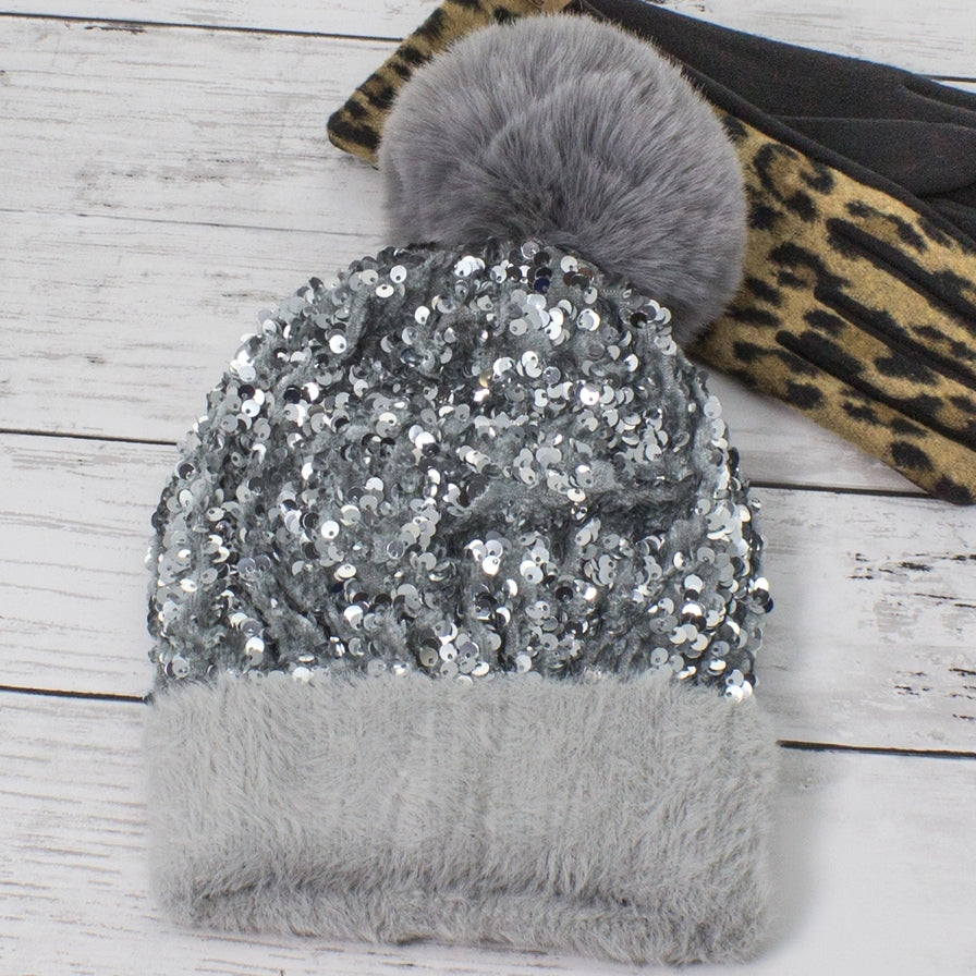 Sequin Pom Pom Beanie