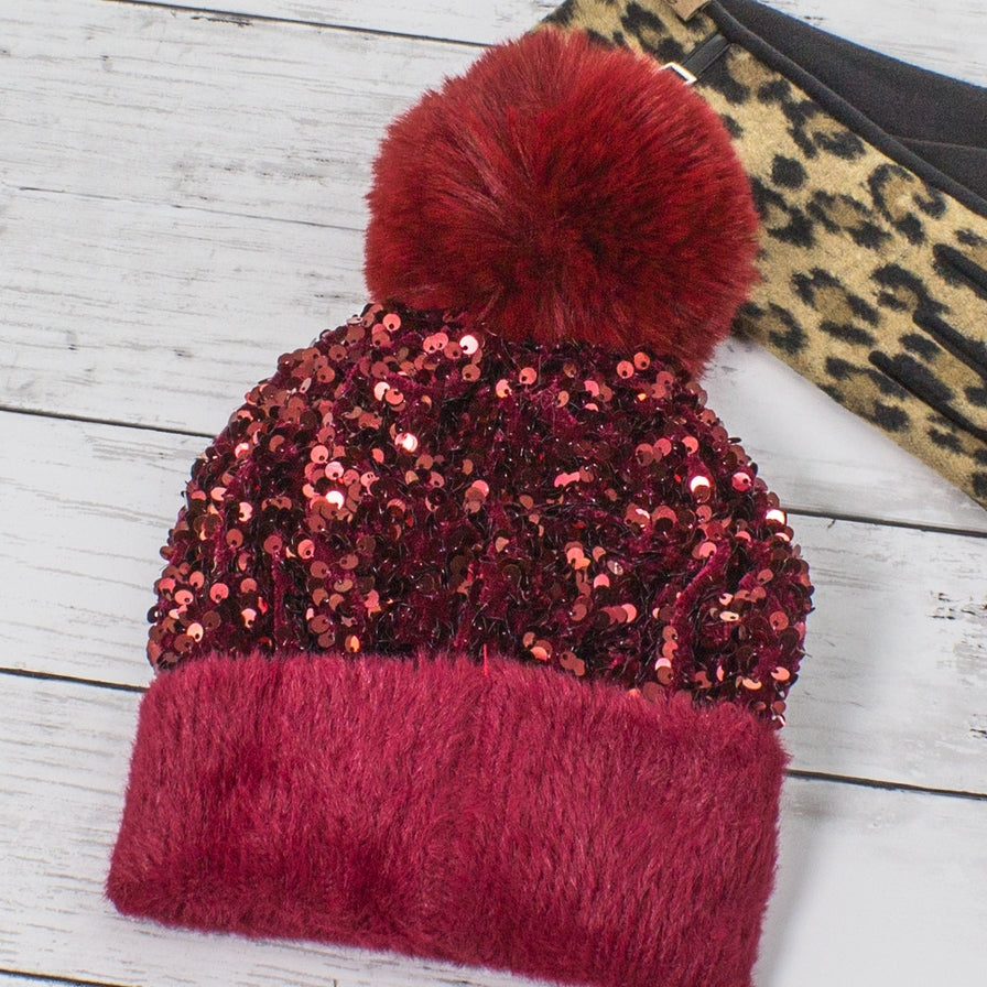 Sequin Pom Pom Beanie