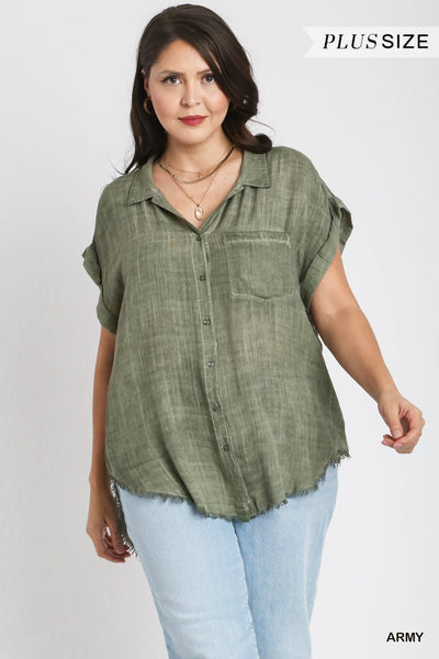 Mineral Wash Frayed Button Down Top