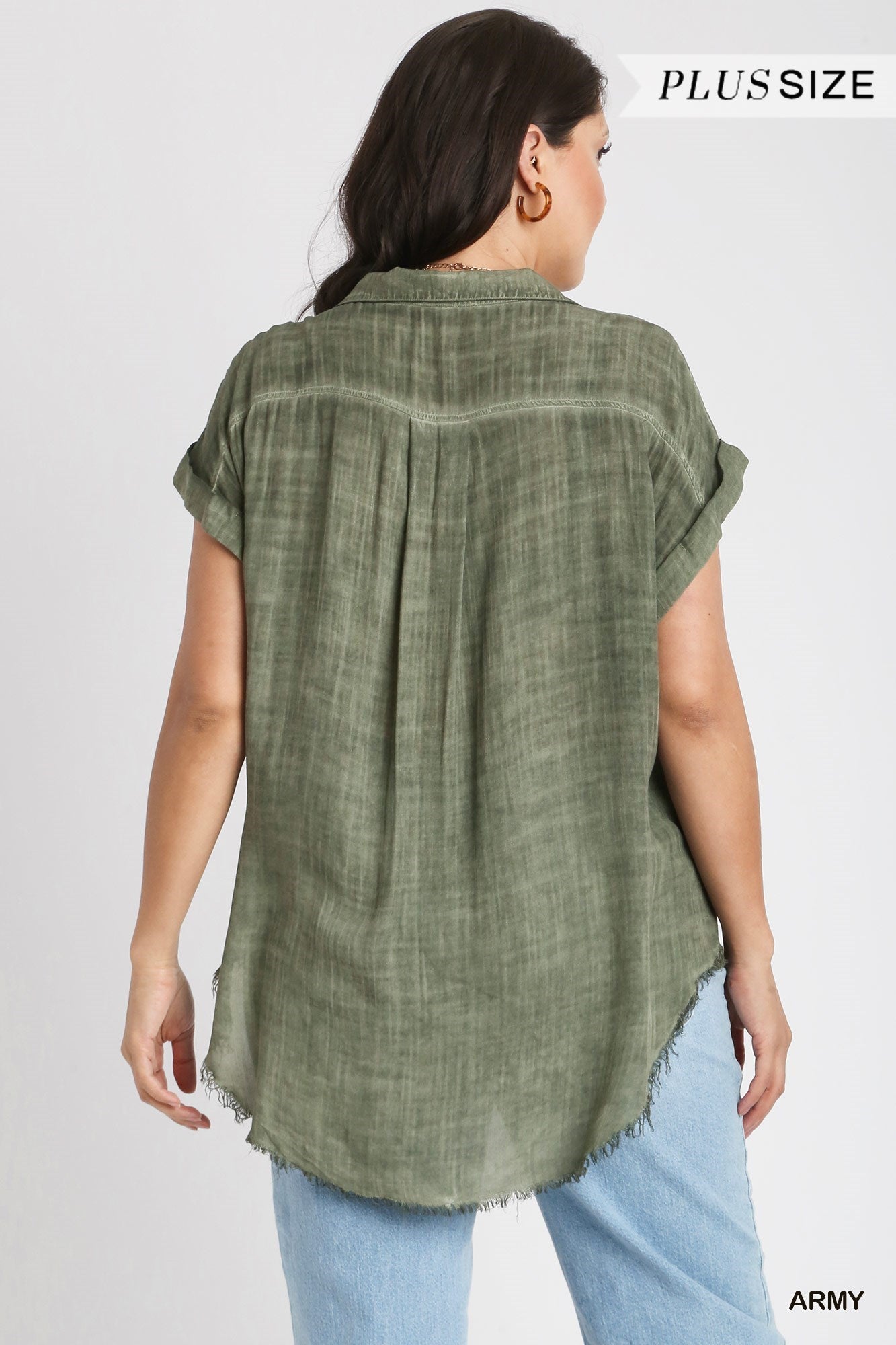 Mineral Wash Frayed Button Down Top