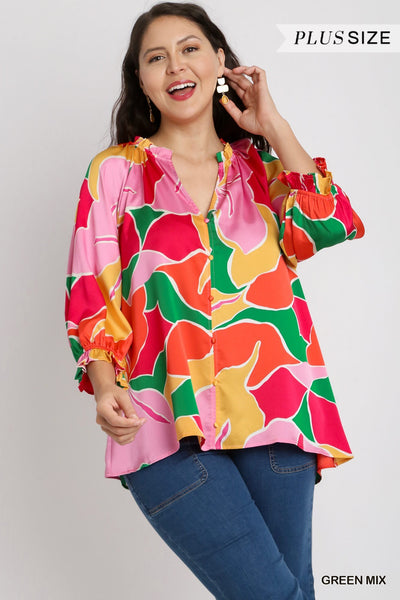 Satin Ruffle Printed Blouse