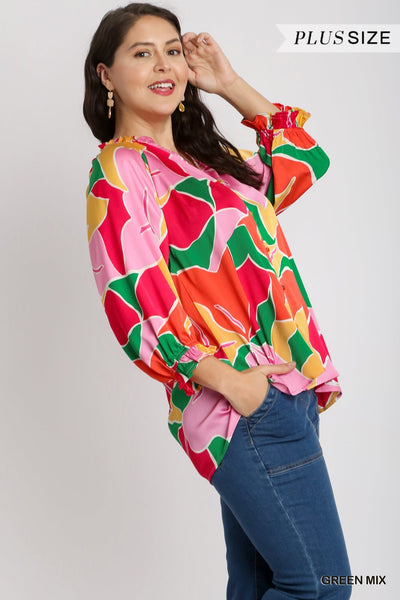 Satin Ruffle Printed Blouse