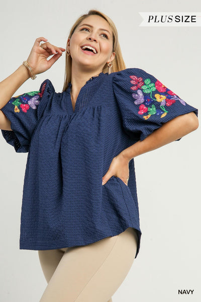 Bubble Sleeve Embroidered Blouse