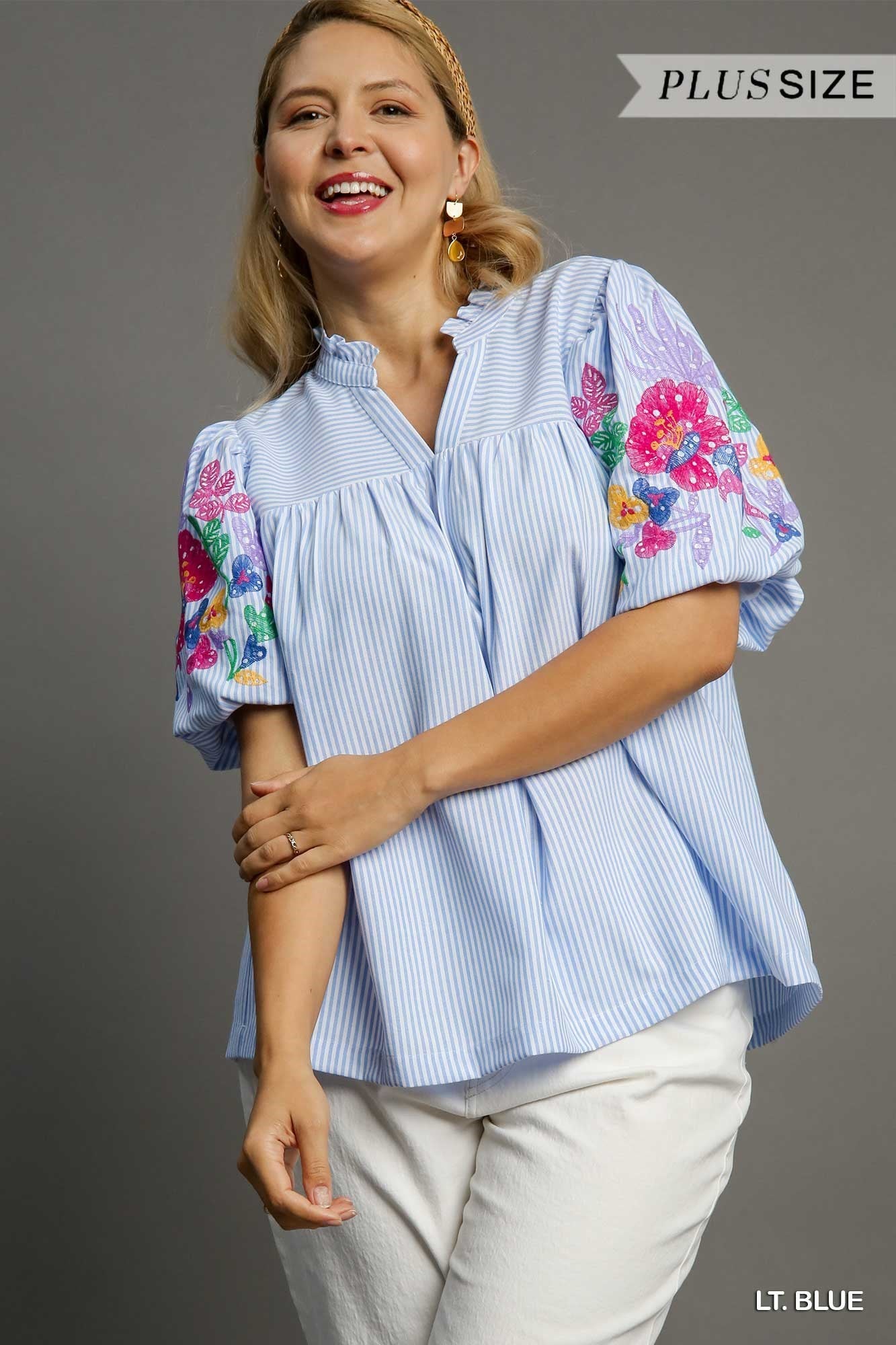 Embroidered Bubble Sleeve Blouse