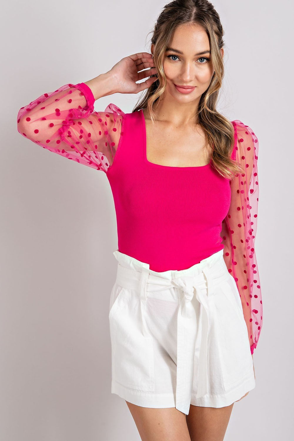 Polka Dot Mesh Sleeve Top