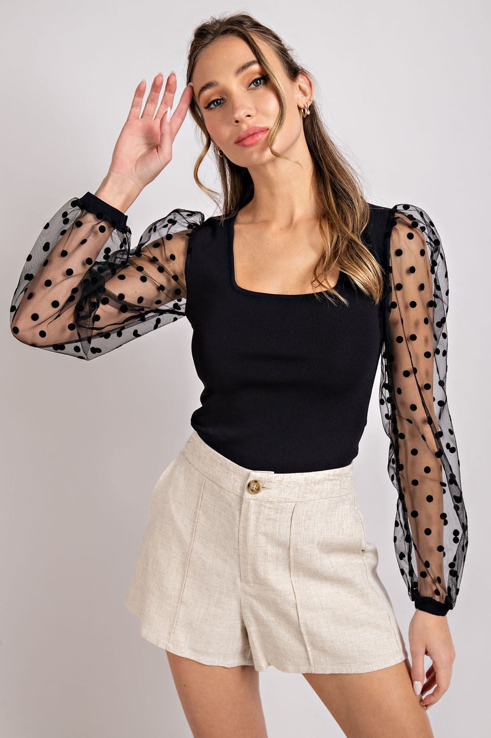 Polka Dot Mesh Sleeve Top